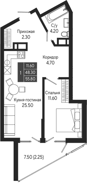 1-комн., 48.3 м²