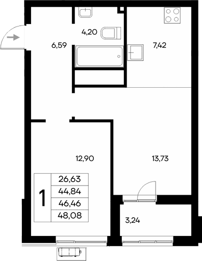 1-комн., 44.84 м²