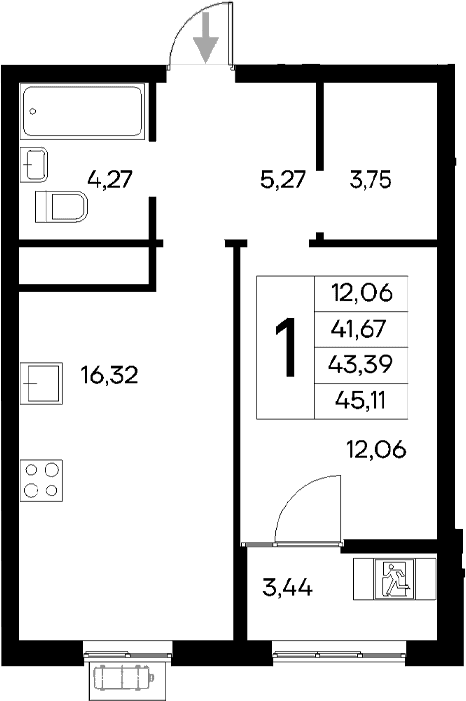 1-комн., 41.67 м²