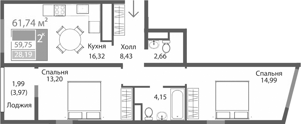 2-комн., 59.75 м²