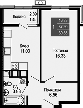 1-комн., 37.9 м²