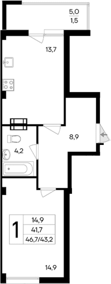 1-комн., 45.2 м²