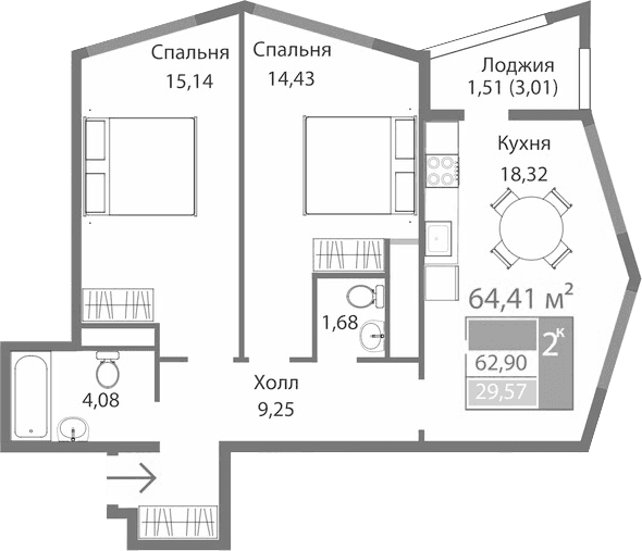 2-комн., 62.9 м²