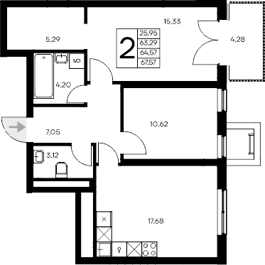 2-комн., 63.29 м²