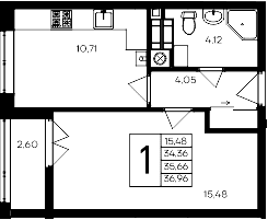 1-комн., 34.36 м²