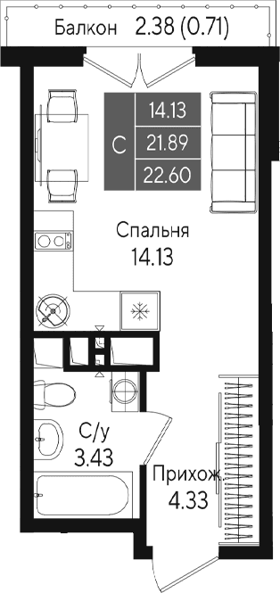 Студия, 21.89 м²