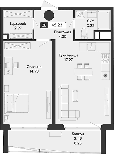 2-комн., 42.74 м²