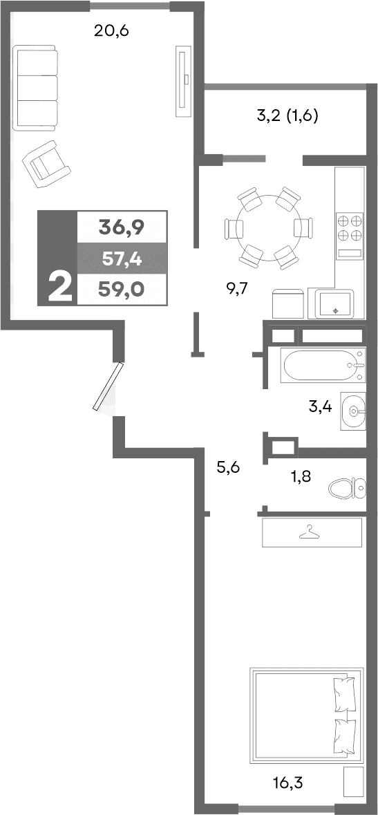 2-комн., 57.4 м²