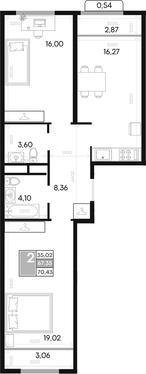 2-комн., 67.3 м²