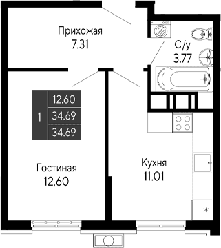 1-комн., 34.69 м²