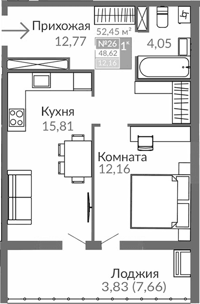 1-комн., 44.79 м²