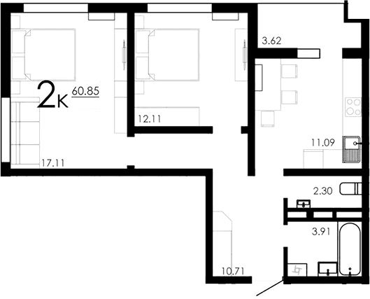 2-комн., 57.23 м²