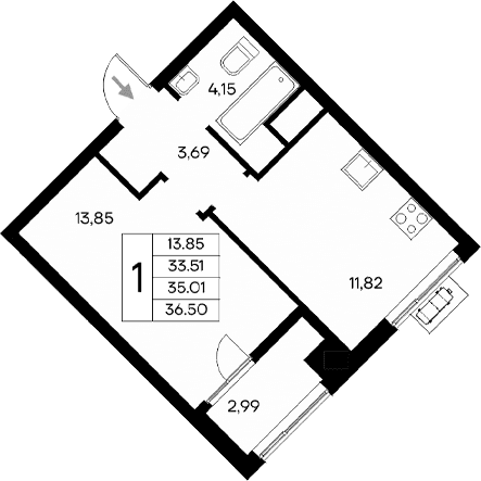 1-комн., 33.51 м²