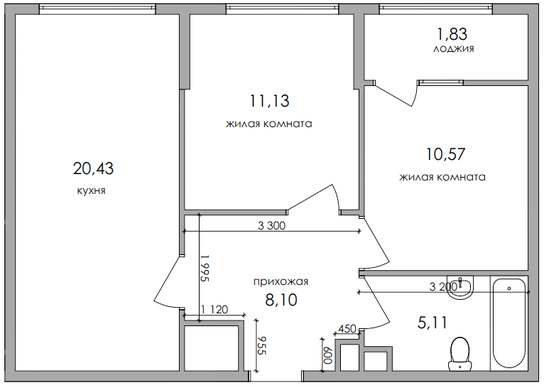 2-комн., 55.34 м²