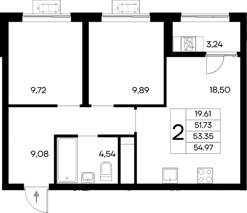 2-комн., 51.73 м²