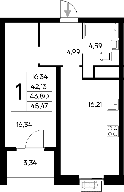 1-комн., 42.13 м²