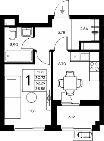 1-комн., 30.73 м²