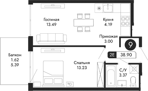 2-комн., 37.28 м²