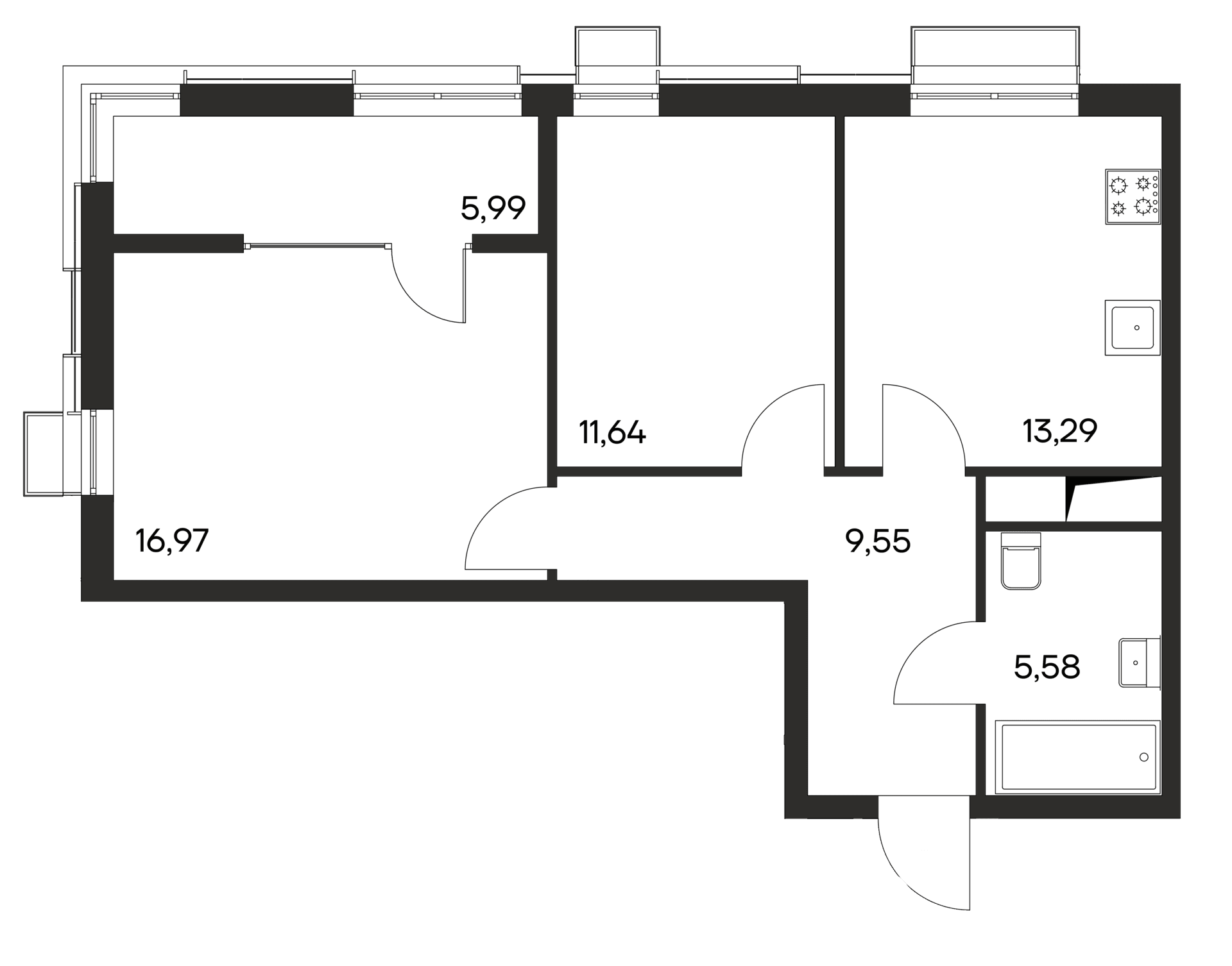 2-комн., 57.04 м²