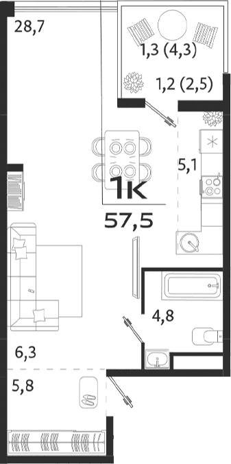 Студия, 50.7 м²