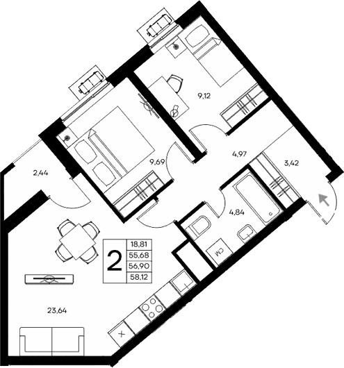 2-комн., 55.68 м²