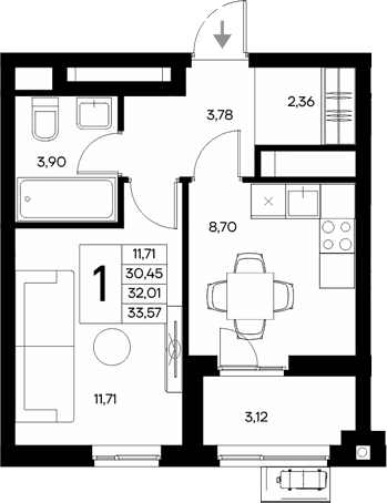 1-комн., 30.45 м²