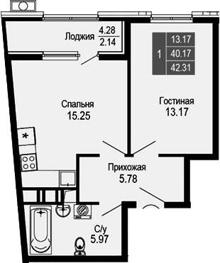 2-комн., 40.17 м²