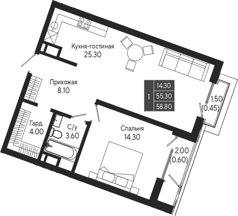 1-комн., 55.3 м²