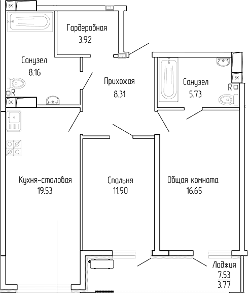 2-комн., 74.2 м²