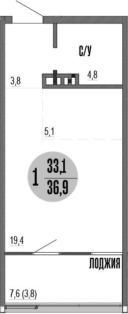 Студия, 33.1 м²