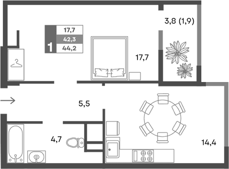 1-комн., 42.3 м²
