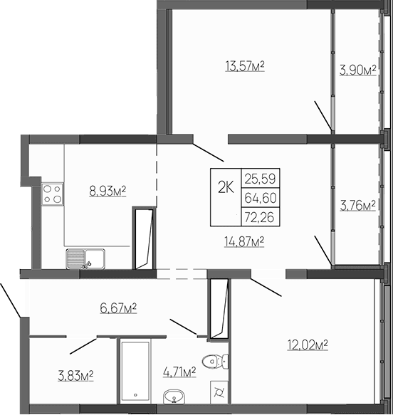 2-комн., 64.6 м²