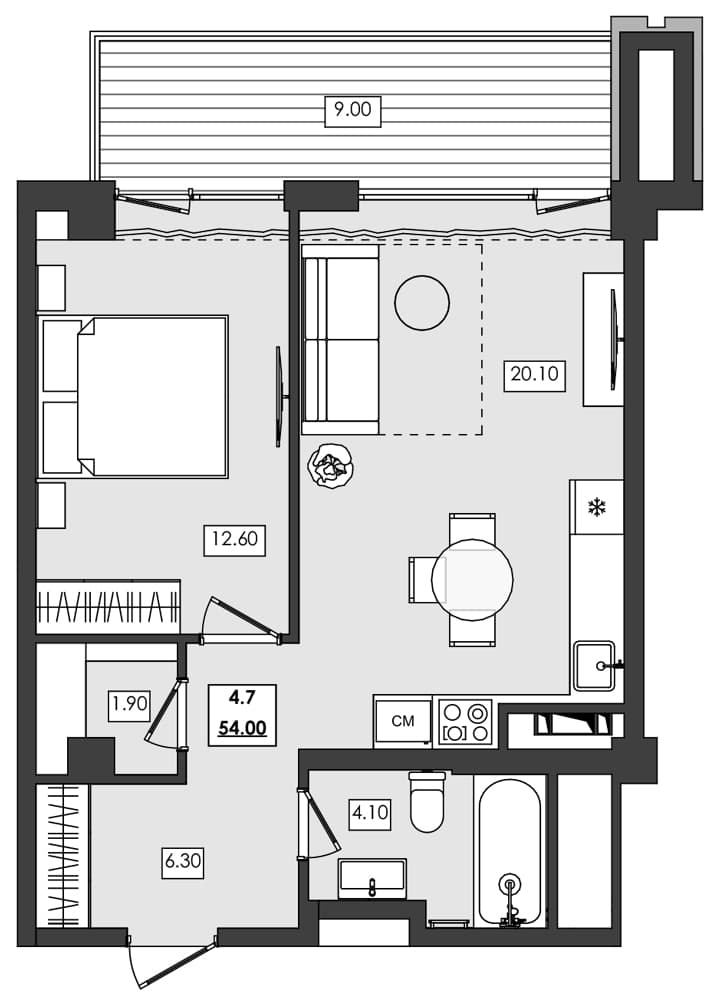 1-комн., 45 м²