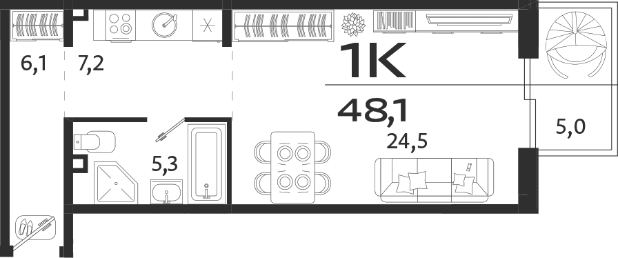 Студия, 43.1 м²