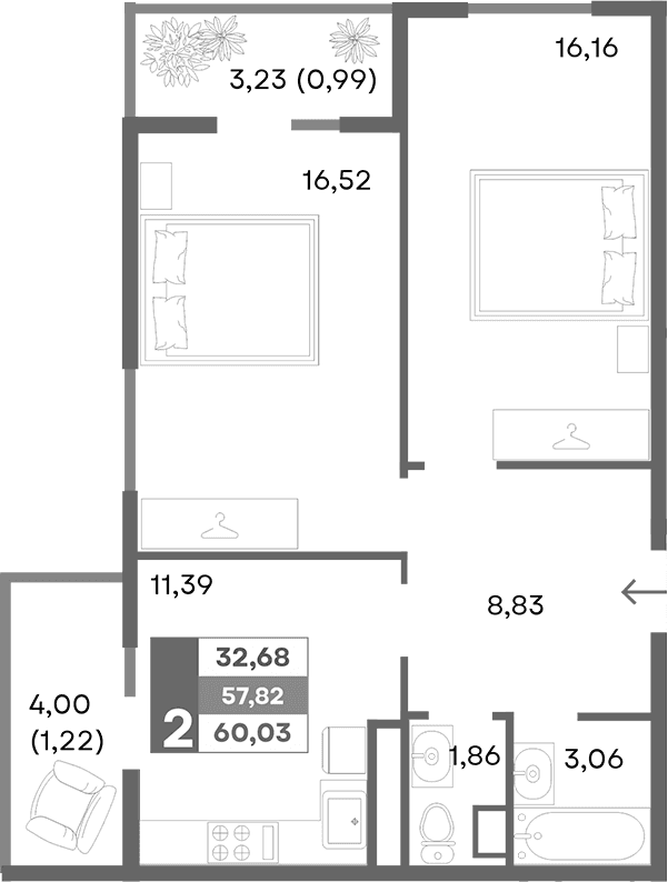 2-комн., 57.82 м²