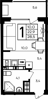 Студия, 22.9 м²