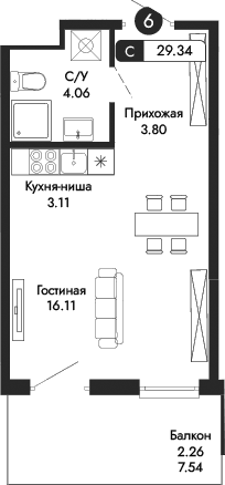 Студия, 27.08 м²