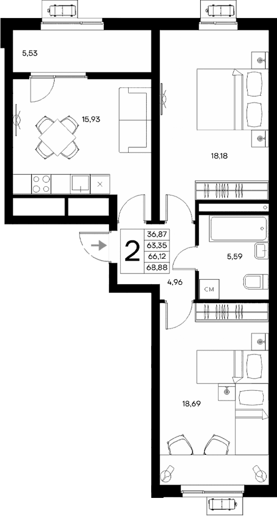 2-комн., 63.35 м²