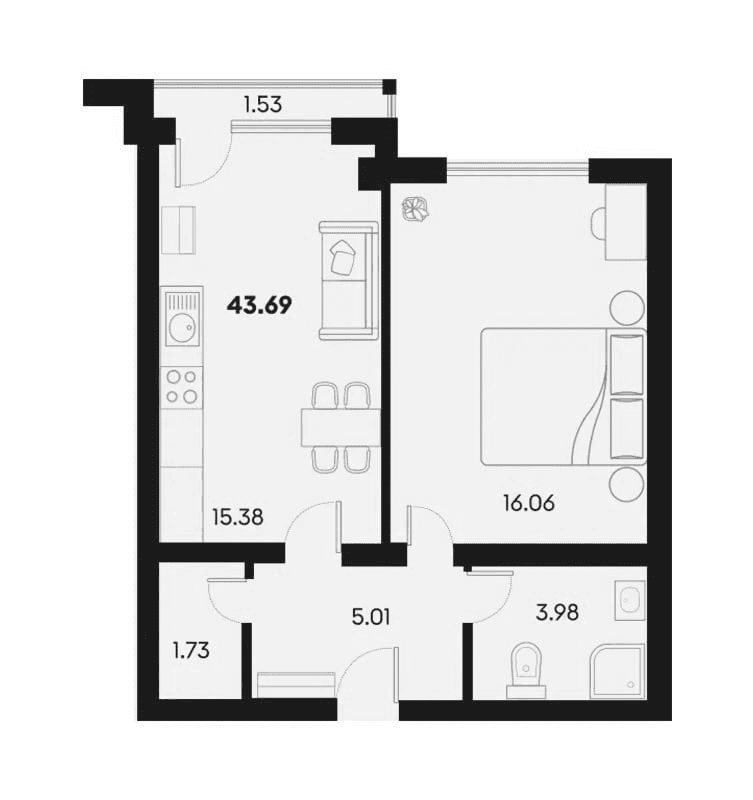 2-комн., 42.16 м²