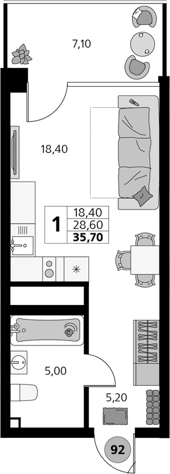 Студия, 28.6 м²