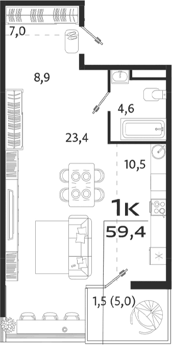 Студия, 54.4 м²
