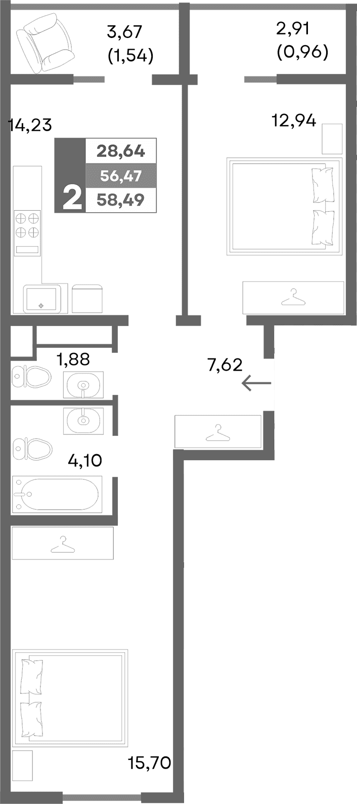 2-комн., 55.99 м²