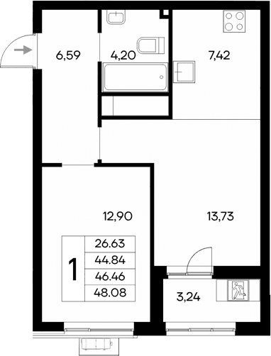 1-комн., 44.84 м²