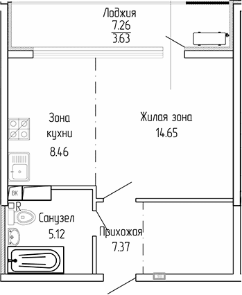 Студия, 35.6 м²