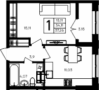 1-комн., 34.11 м²