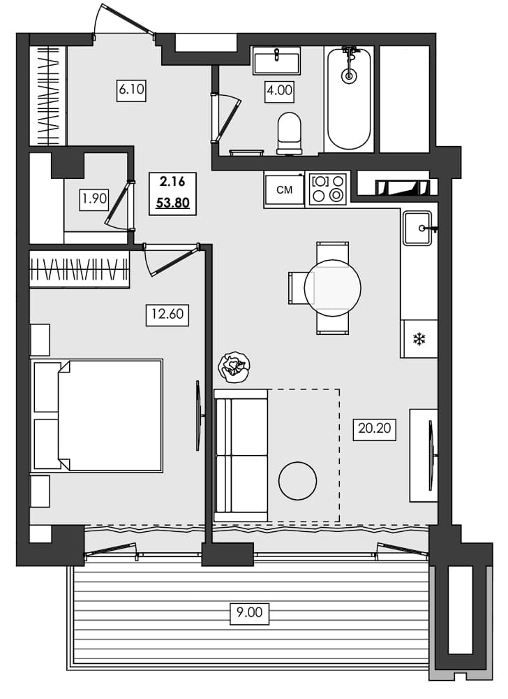 1-комн., 44.8 м²