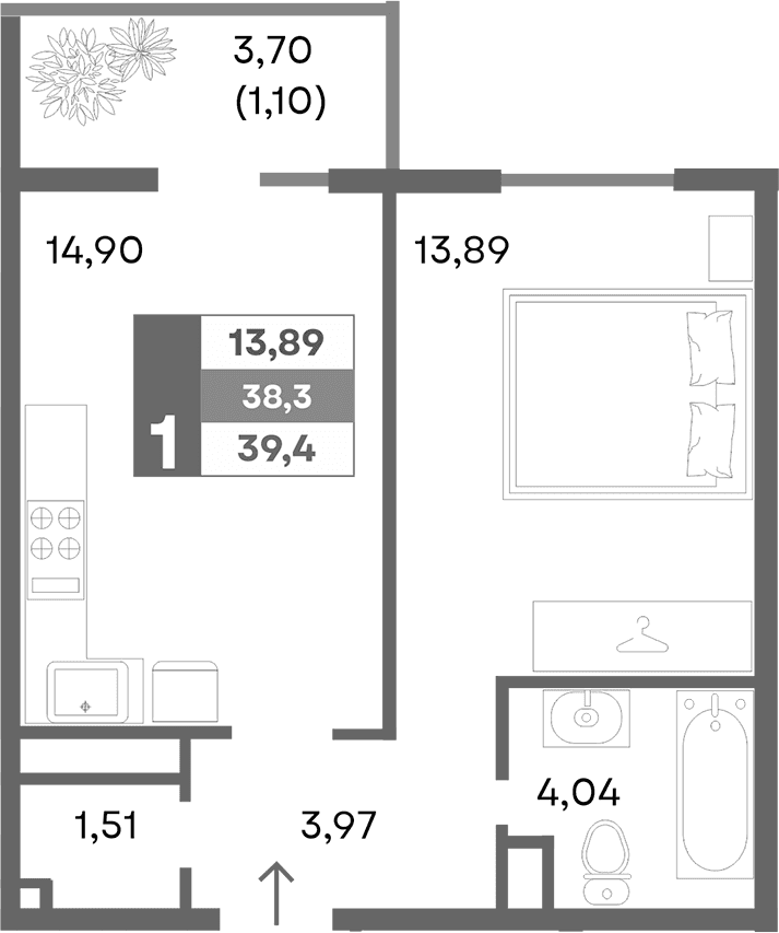 1-комн., 38.3 м²