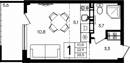 Студия, 22.9 м²