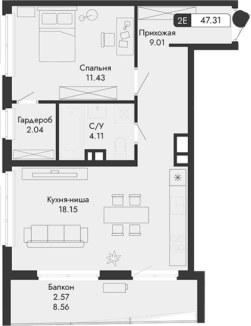 2-комн., 44.74 м²
