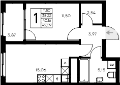 1-комн., 38.22 м²